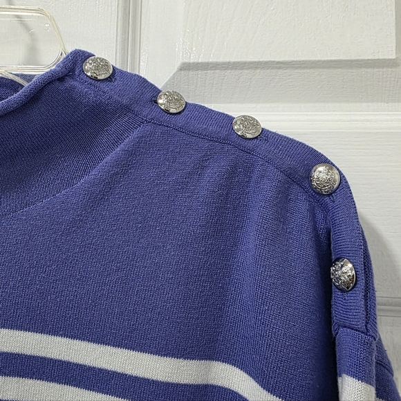 Lauren Ralph Lauren Striped Button Shoulder Sweater Mock Neck Large Blue White - Picture 4 of 10